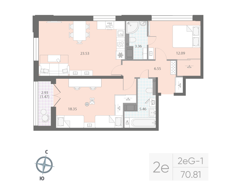 2-комнатная квартира, 70.81 м²; этаж: 15 - купить в Санкт-Петербурге
