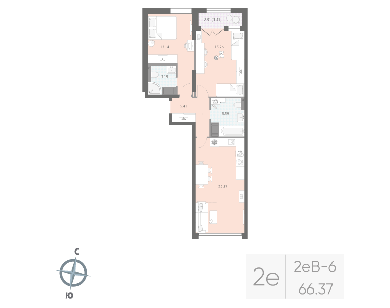 2-комнатная квартира, 66.37 м²; этаж: 15 - купить в Санкт-Петербурге