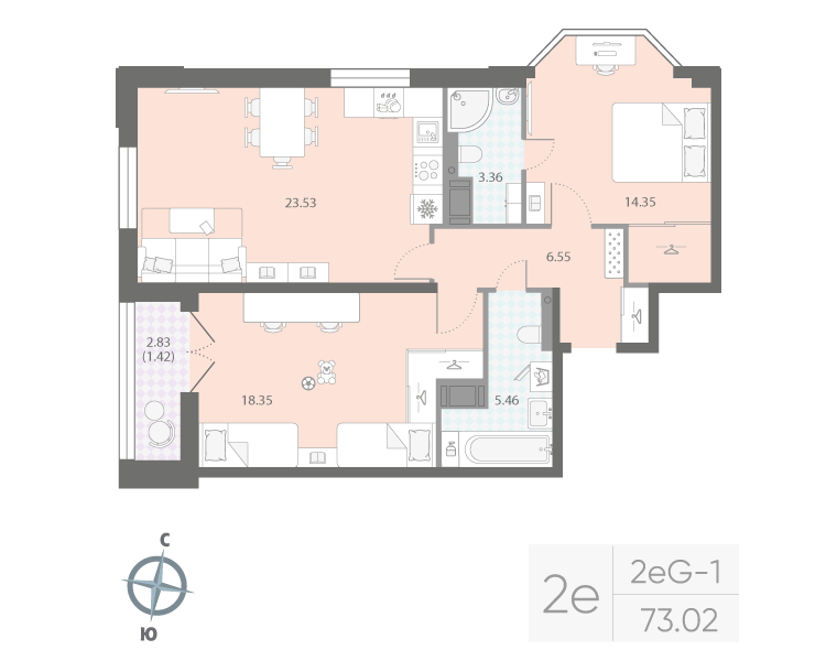 2-комнатная квартира, 73.02 м²; этаж: 12 - купить в Санкт-Петербурге