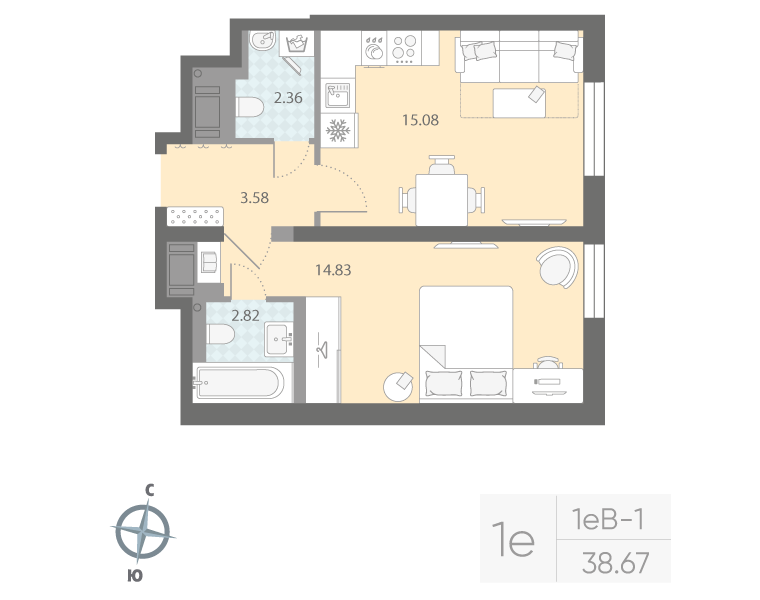 1-комнатная квартира, 38.67 м²; этаж: 5 - купить в Санкт-Петербурге