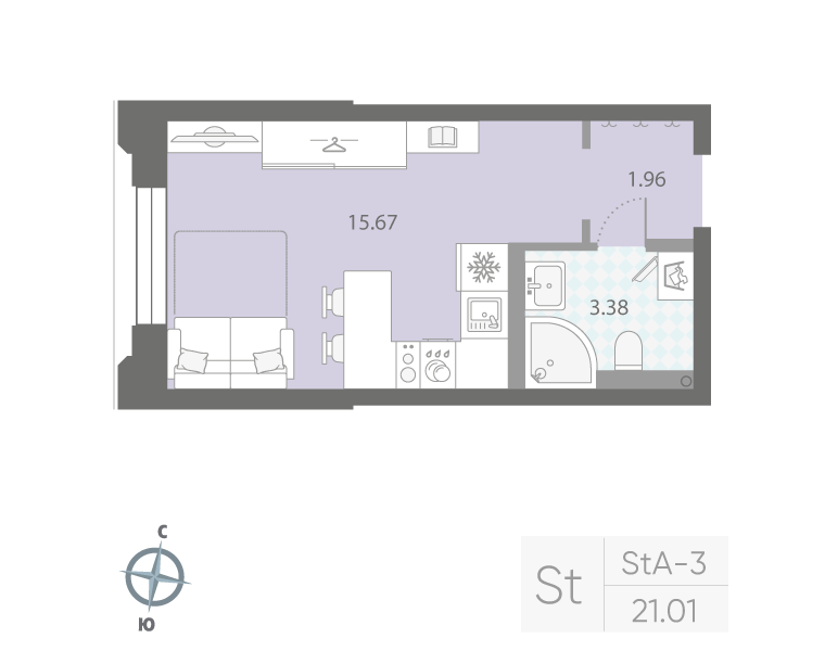 1-комнатная квартира №42Р в: «Цивилизация на Неве»: 21.1 м²; этаж: 2 - купить в Санкт-Петербурге