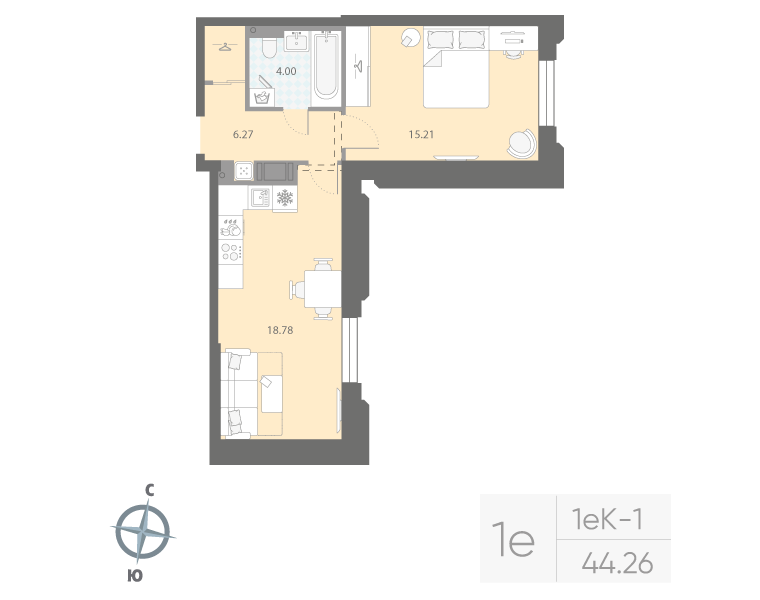 1-комнатная квартира  №552 в Цивилизация на Неве: 44.26 м², этаж 4 - купить в Санкт-Петербурге