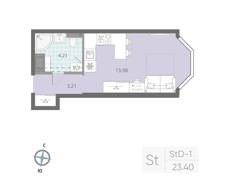 1-комнатная квартира  №27 в Цивилизация на Неве: 23.4 м², этаж 5 - купить в Санкт-Петербурге