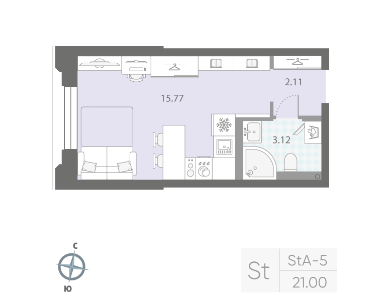 1-комнатная квартира №42Р в: «Цивилизация на Неве»: 21 м²; этаж: 2 - купить в Санкт-Петербурге