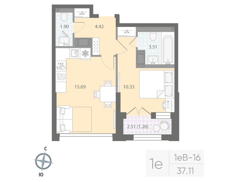 1-комнатная квартира  №627 в Цивилизация на Неве: 37.11 м², этаж 15 - купить в Санкт-Петербурге