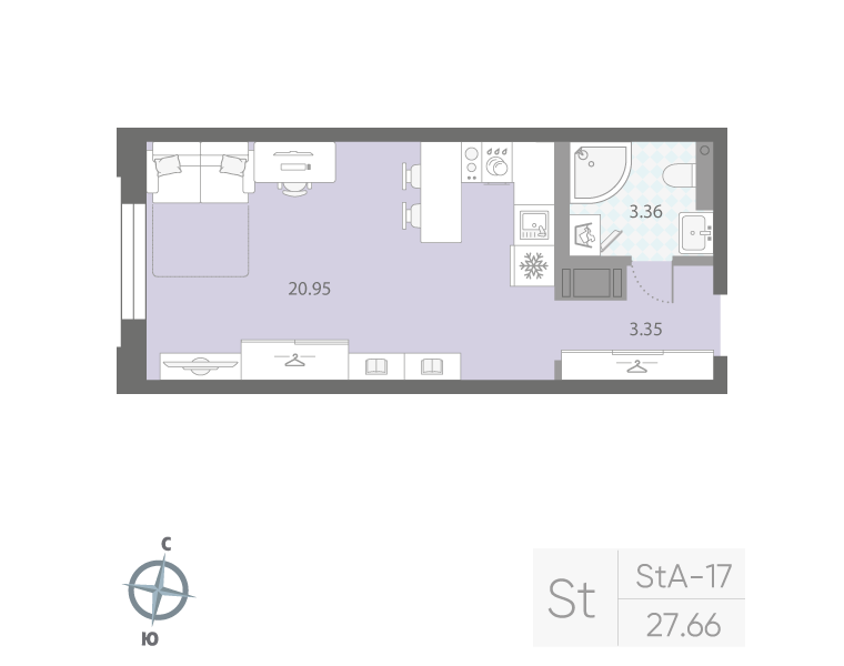 1-комнатная квартира, 27.66 м²; этаж: 3 - купить в Санкт-Петербурге