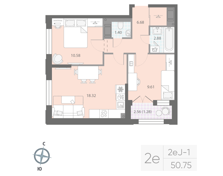 2-комнатная квартира  №317 в Цивилизация на Неве: 50.75 м², этаж 6 - купить в Санкт-Петербурге