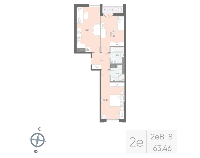 2-комнатная квартира, 63.46 м²; этаж: 10 - купить в Санкт-Петербурге