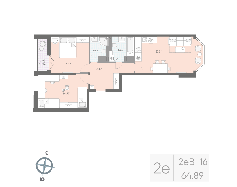 2-комнатная квартира, 64.89 м²; этаж: 10 - купить в Санкт-Петербурге