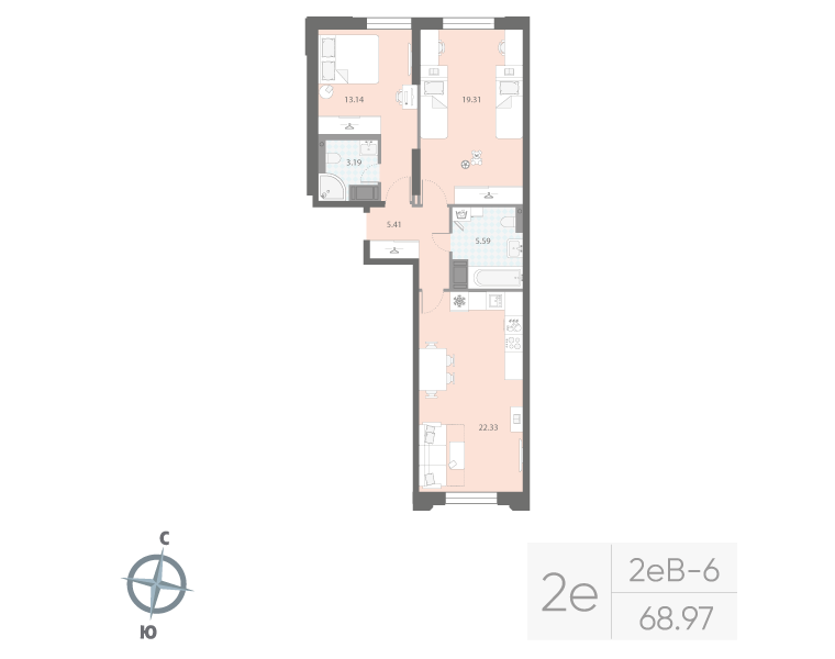 2-комнатная квартира №298 в Цивилизация на Неве 5-й корпус: 68.97 м², этаж 3 - купить в Санкт-Петербурге