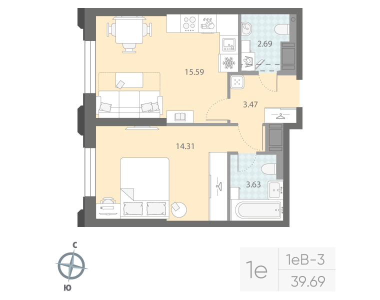 1-комнатная квартира  №12 в Цивилизация на Неве: 39.69 м², этаж 3 - купить в Санкт-Петербурге