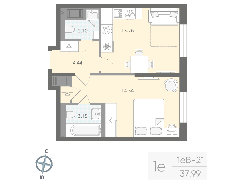 1-комнатная квартира  №811 в Цивилизация на Неве: 37.99 м², этаж 5 - купить в Санкт-Петербурге
