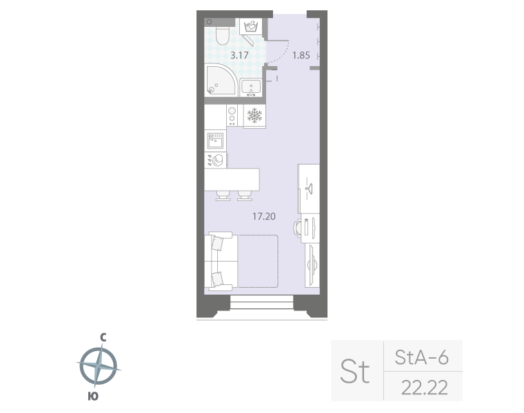 1-комнатная квартира  №286 в Цивилизация на Неве: 22.22 м², этаж 2 - купить в Санкт-Петербурге
