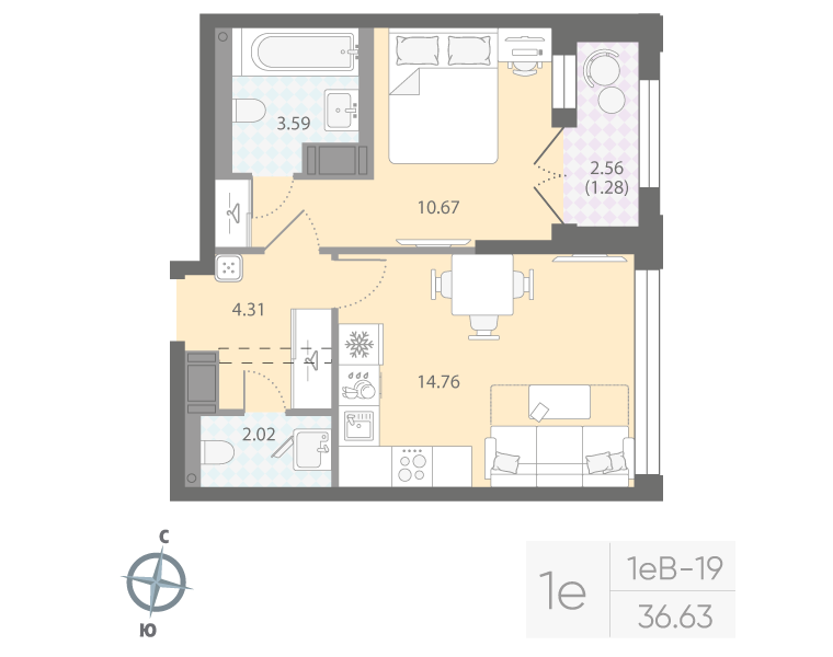 1-комнатная квартира, 36.63 м²; этаж: 16 - купить в Санкт-Петербурге