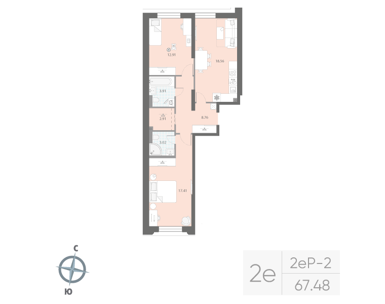 2-комнатная квартира  №393 в Цивилизация на Неве: 67.65 м², этаж 2 - купить в Санкт-Петербурге