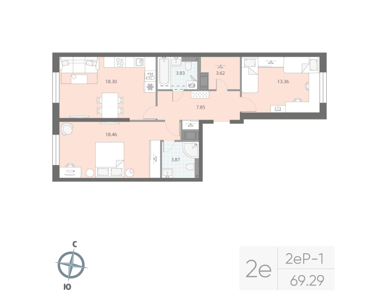 2-комнатная квартира, 69.29 м²; этаж: 5 - купить в Санкт-Петербурге