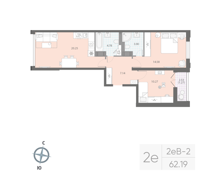 2-комнатная квартира  №195 в Цивилизация на Неве: 62.19 м², этаж 15 - купить в Санкт-Петербурге