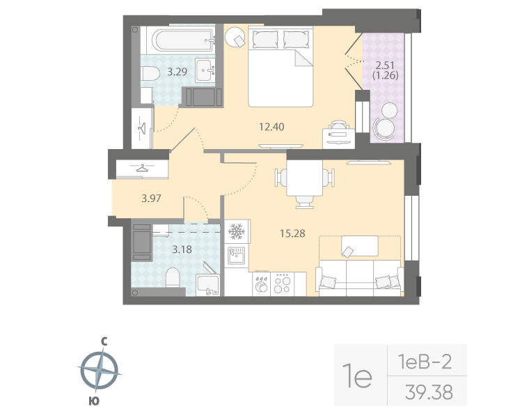 1-комнатная квартира, 39.38 м²; этаж: 15 - купить в Санкт-Петербурге
