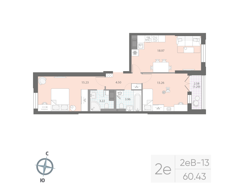 2-комнатная квартира, 60.43 м²; этаж: 15 - купить в Санкт-Петербурге