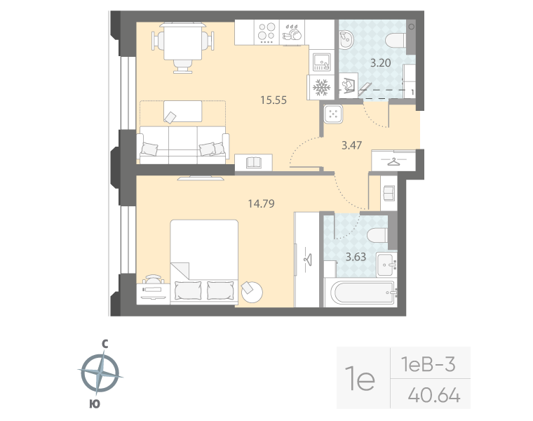 1-комнатная квартира  №4 в Цивилизация на Неве: 40.64 м², этаж 2 - купить в Санкт-Петербурге