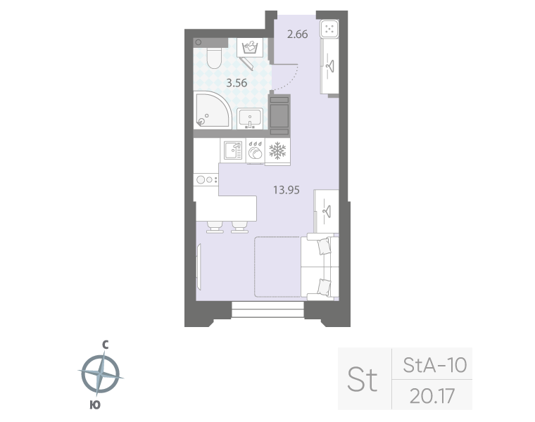 1-комнатная квартира №42Р в: «Цивилизация на Неве»: 20.17 м²; этаж: 4 - купить в Санкт-Петербурге