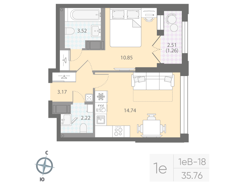 1-комнатная квартира, 35.76 м²; этаж: 15 - купить в Санкт-Петербурге