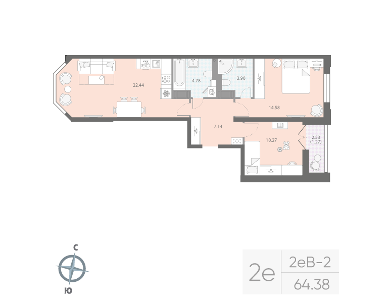 2-комнатная квартира, 64.38 м²; этаж: 12 - купить в Санкт-Петербурге