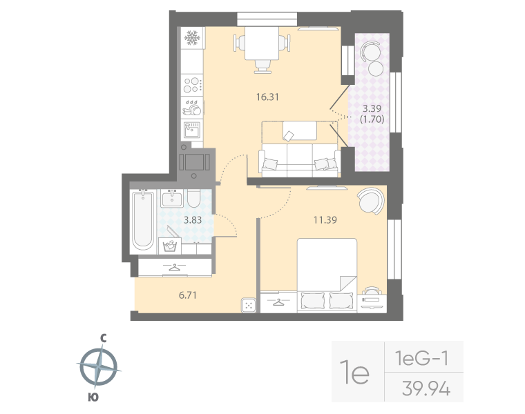 1-комнатная квартира, 39.94 м²; этаж: 8 - купить в Санкт-Петербурге