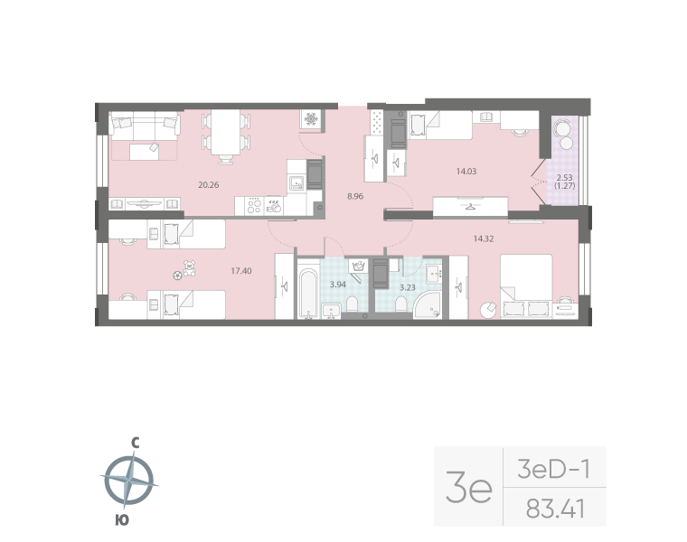 3-комнатная квартира №42Р в: ЦИВИЛИЗАЦИЯ НА НЕВЕ: 83.41 м²; этаж: 6 - купить в Санкт-Петербурге
