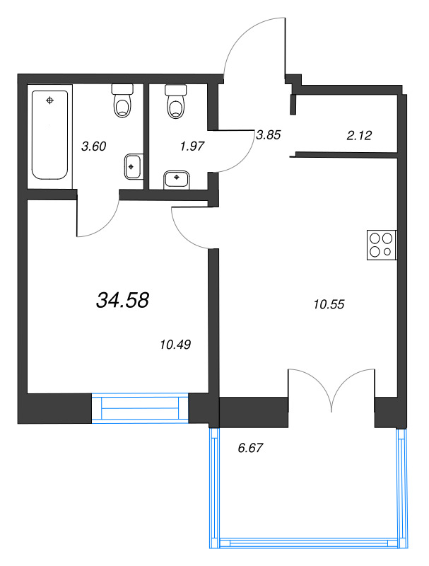 1-комнатная квартира  №134 в Alpen: 34.58 м², этаж 5 - купить в Санкт-Петербурге