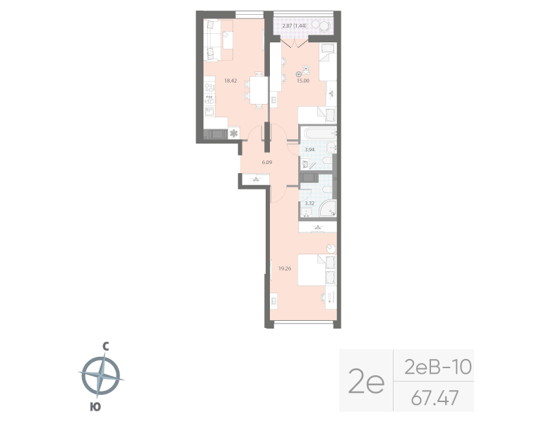 2-комнатная квартира, 67.47 м²; этаж: 15 - купить в Санкт-Петербурге