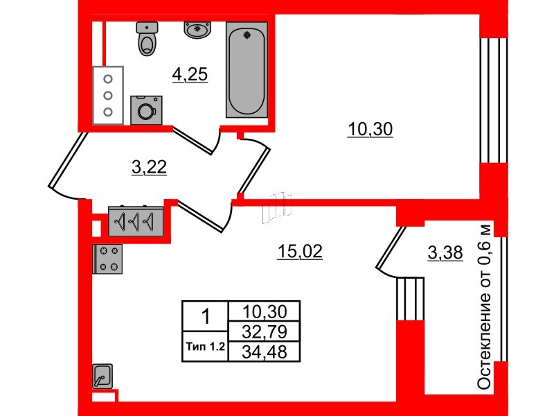 1-комнатная квартира № в: Setl Ривьера: 32.79 м²; этаж: 6 - купить в Санкт-Петербурге