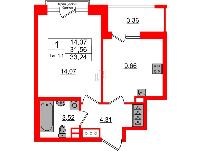 1-комнатная квартира № в: Setl Ривьера: 31.56 м²; этаж: 3 - купить в Санкт-Петербурге