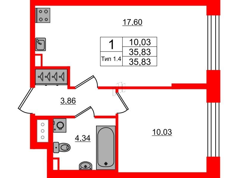 1-комнатная квартира, 35.83 м²; этаж: 2 - купить в Санкт-Петербурге