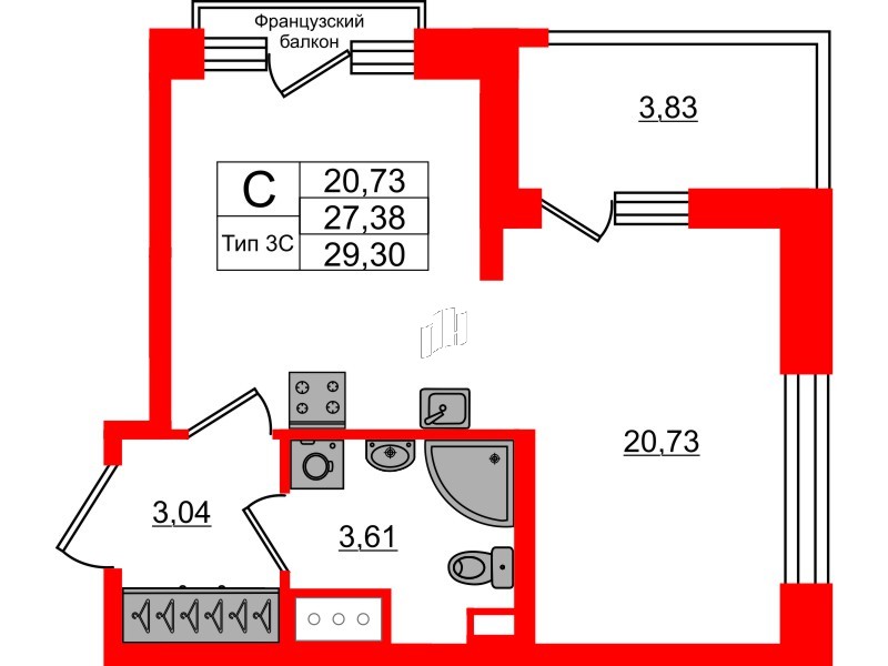 1-комнатная квартира № в: Setl Ривьера: 27.38 м²; этаж: 14 - купить в Санкт-Петербурге