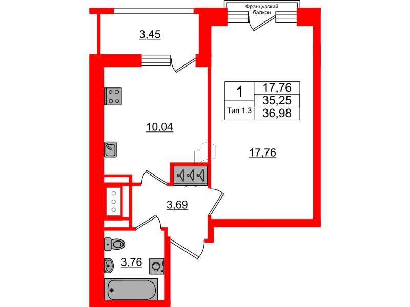 1-комнатная квартира № в: Setl Ривьера: 35.25 м²; этаж: 3 - купить в Санкт-Петербурге