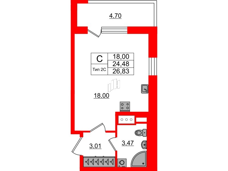1-комнатная квартира, 24.48 м²; этаж: 4 - купить в Санкт-Петербурге