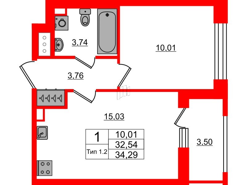 1-комнатная квартира № в: Setl Ривьера: 32.54 м²; этаж: 2 - купить в Санкт-Петербурге
