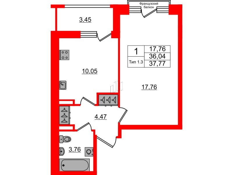 1-комнатная квартира, 36.04 м²; этаж: 2 - купить в Санкт-Петербурге