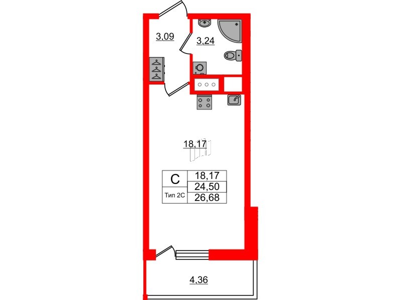 1-комнатная квартира, 24.5 м²; этаж: 17 - купить в Санкт-Петербурге