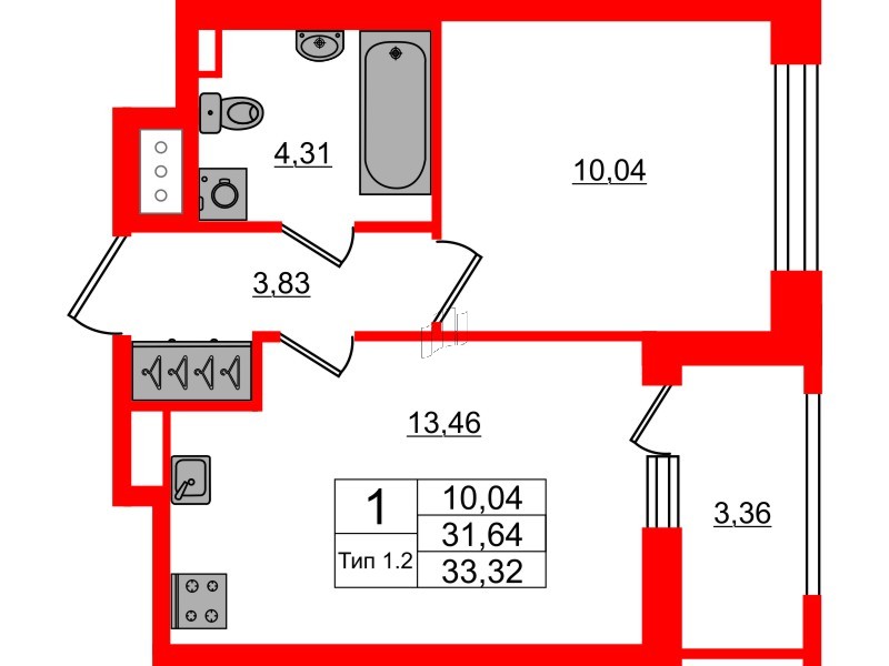 1-комнатная квартира № в: Setl Ривьера: 31.64 м²; этаж: 6 - купить в Санкт-Петербурге