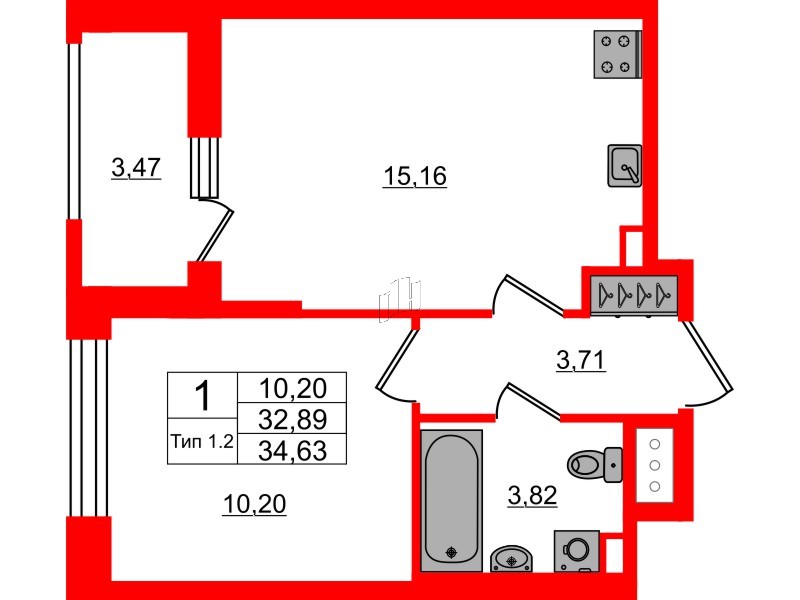 1-комнатная квартира, 32.89 м²; этаж: 9 - купить в Санкт-Петербурге