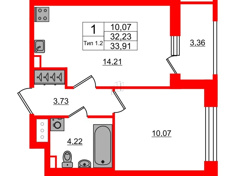 1-комнатная квартира, 32.23 м²; этаж: 13 - купить в Санкт-Петербурге
