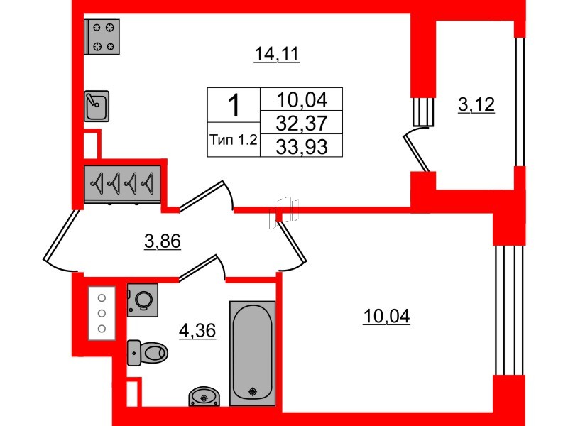 1-комнатная квартира, 32.37 м²; этаж: 7 - купить в Санкт-Петербурге
