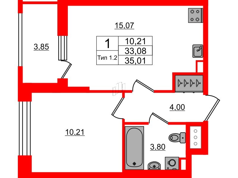 1-комнатная квартира, 33.08 м²; этаж: 8 - купить в Санкт-Петербурге