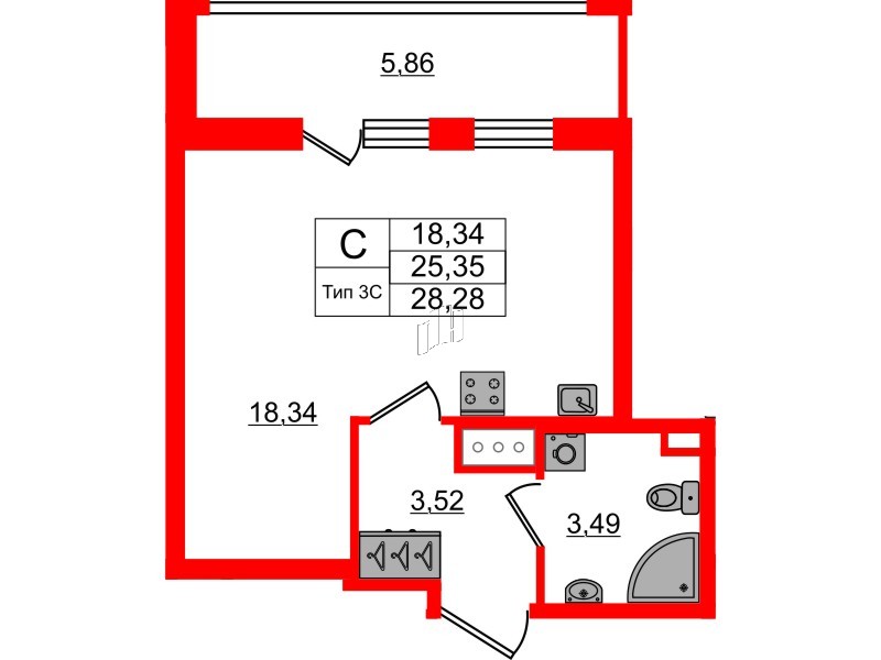 1-комнатная квартира № в: Setl Ривьера: 25.35 м²; этаж: 15 - купить в Санкт-Петербурге