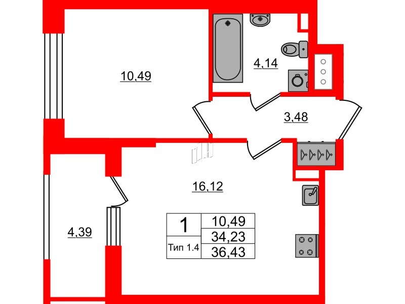 1-комнатная квартира, 34.23 м²; этаж: 2 - купить в Санкт-Петербурге