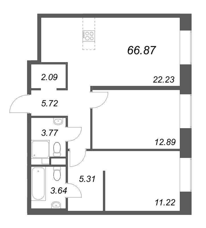 2-комнатная квартира №38 в: ID Petrogradskaya: 66.87 м²; этаж: 4 - купить в Санкт-Петербурге