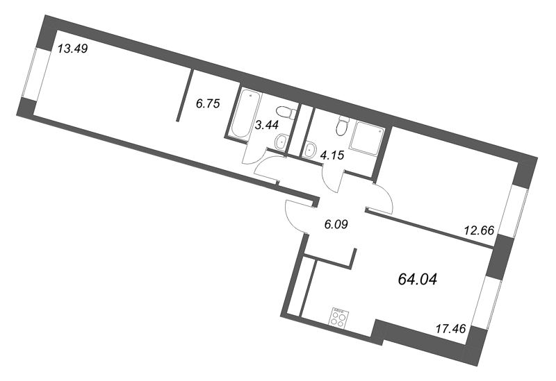 2-комнатная квартира  №225 в ID Petrogradskaya: 64.04 м², этаж 3 - купить в Санкт-Петербурге