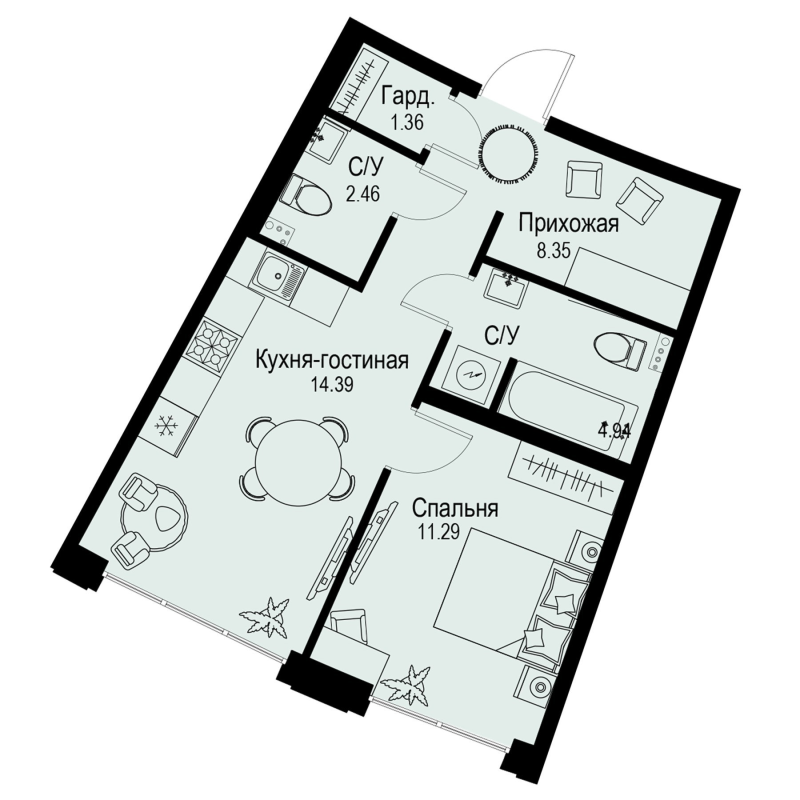 1-комнатная квартира, 42.79 м²; этаж: 2 - купить в Санкт-Петербурге
